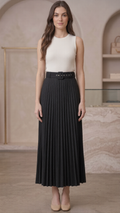 Women's Pleated Ankle-Length Skirt with Belt(Black)