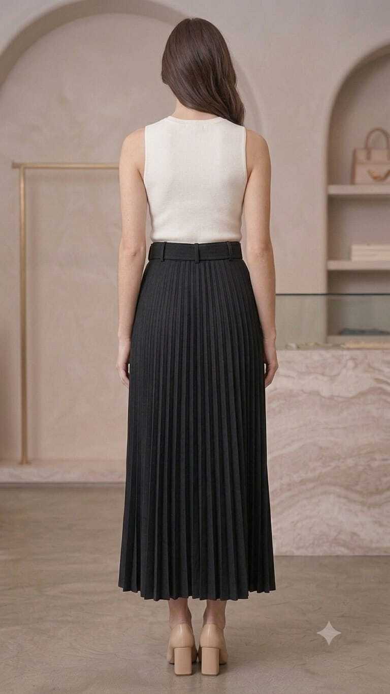 Women's Pleated Ankle-Length Skirt with Belt(Black)