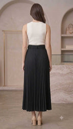 Women's Pleated Ankle-Length Skirt with Belt(Black)