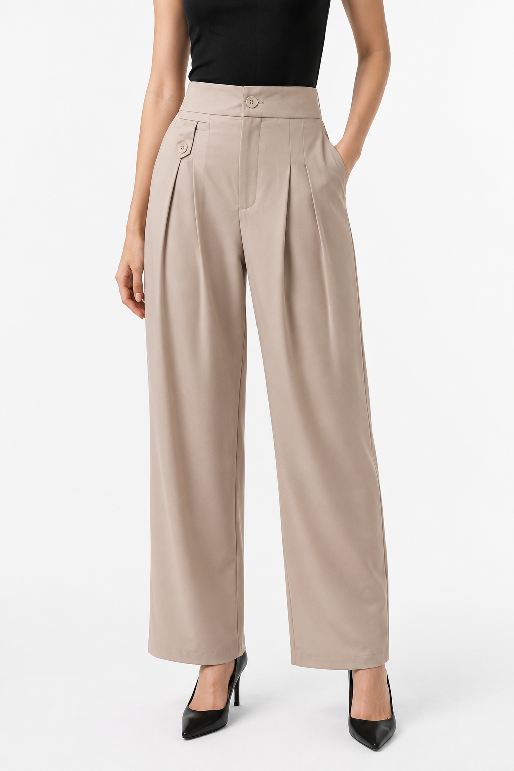 Milano Elite Premium Korean Fabric High-Rise Pleated Wide Leg Trousers – Beige