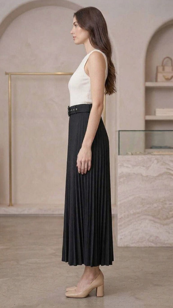 Women's Pleated Ankle-Length Skirt with Belt(Black)