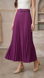 Women's Pleated Ankle-Length Skirt with Belt(Purpul