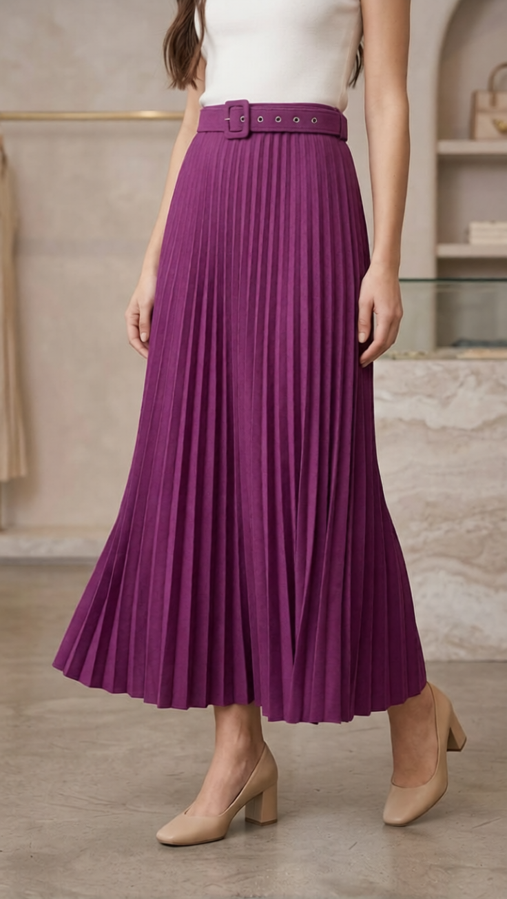 Women's Pleated Ankle-Length Skirt with Belt(Purpul