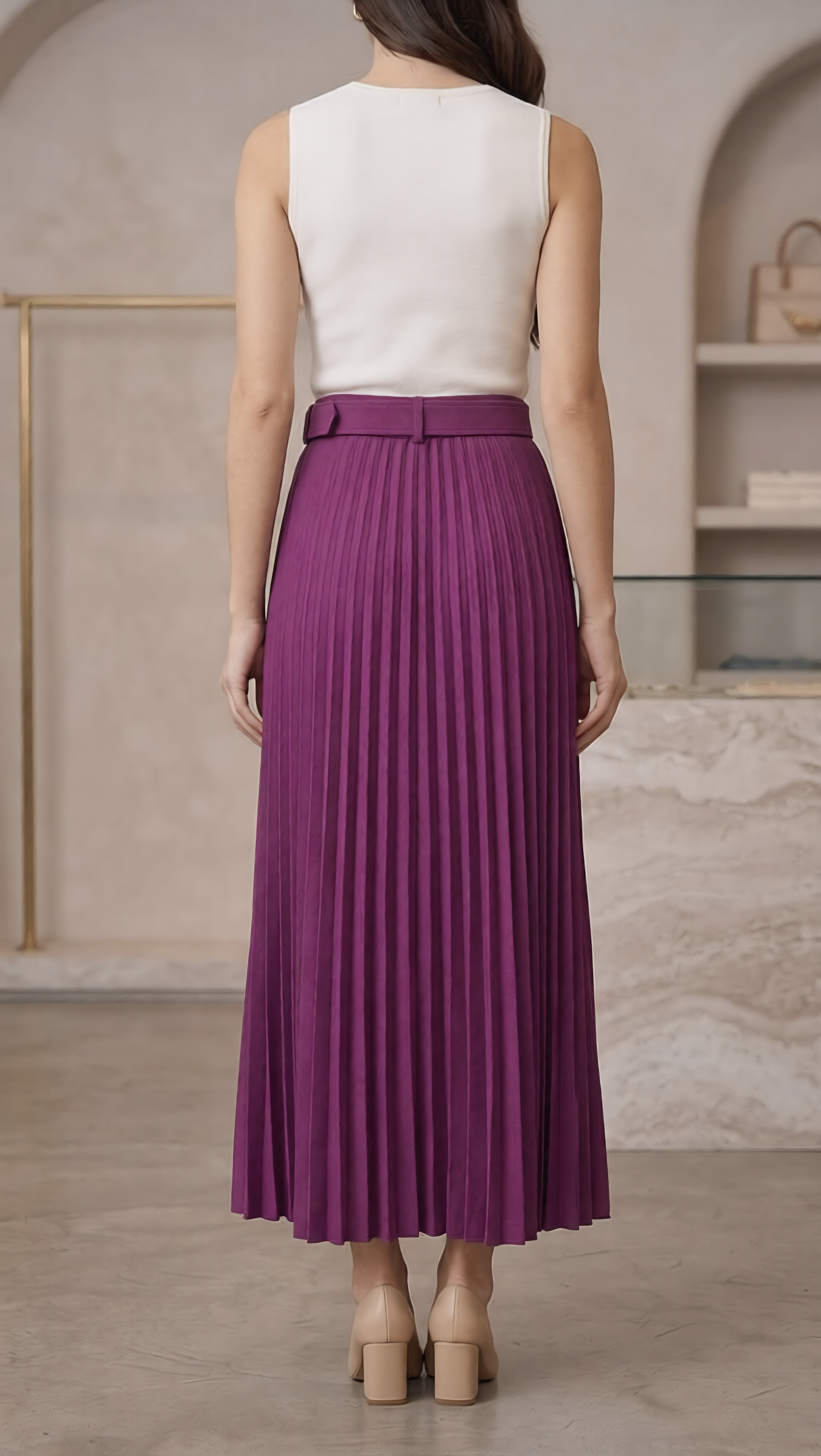 Women's Pleated Ankle-Length Skirt with Belt(Purpul