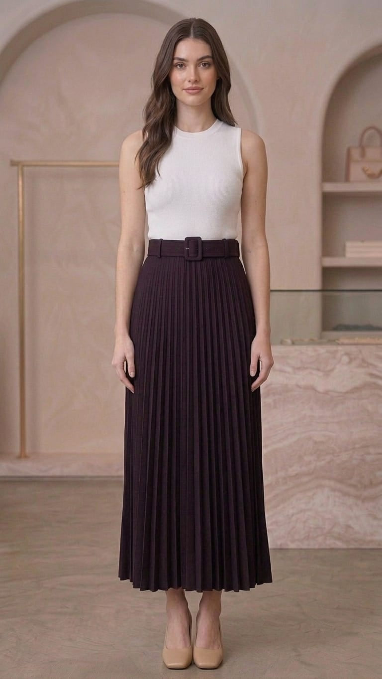 Women's Pleated Ankle-Length Skirt with Belt