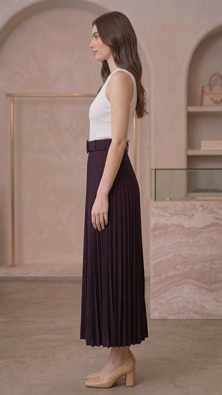 Women's Pleated Ankle-Length Skirt with Belt
