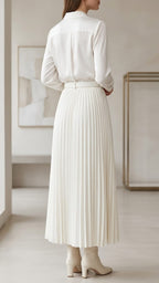 Women's Pleated Ankle-Length Skirt with Belt(White)