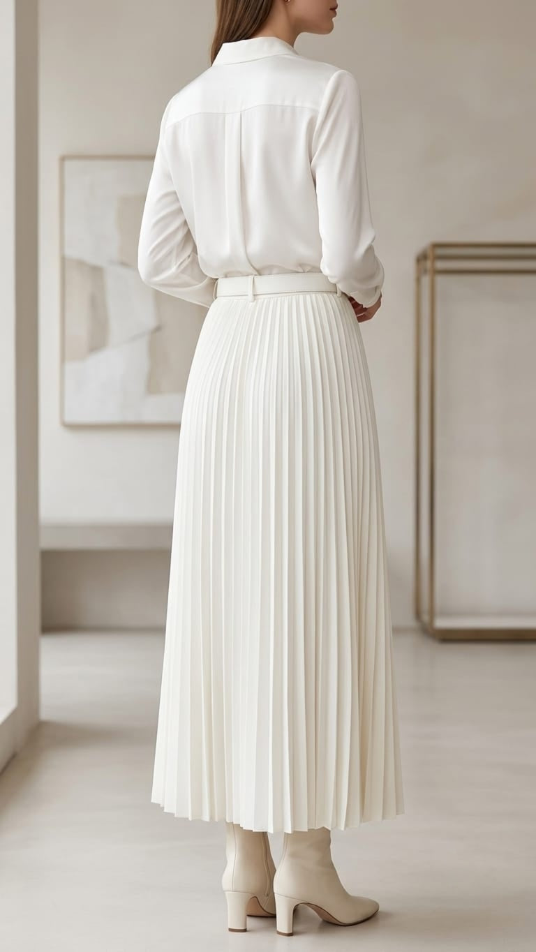 Women's Pleated Ankle-Length Skirt with Belt(White)
