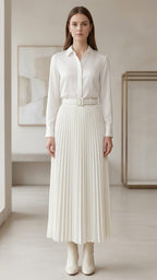 Women's Pleated Ankle-Length Skirt with Belt(White)