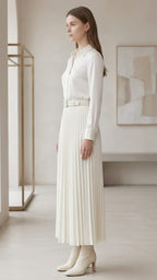 Women's Pleated Ankle-Length Skirt with Belt(White)