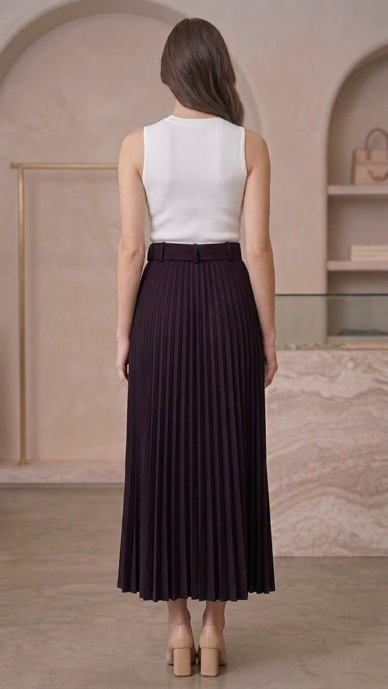 Women's Pleated Ankle-Length Skirt with Belt